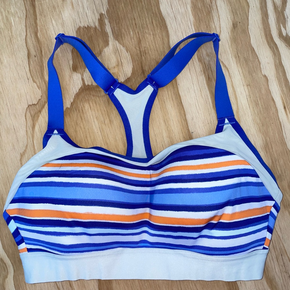 Brooks Sports Bra. Adjustable band and straps. Blue and orange stripe. 32C.
